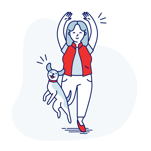 Illustrated cheerful woman raising her arms while a happy dog jumps excitedly beside her.