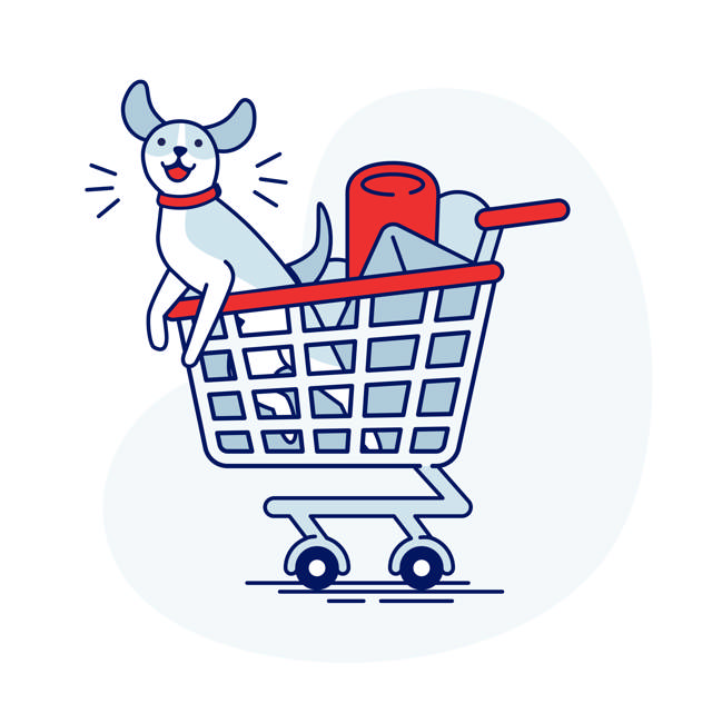 A happy dog in a shopping cart