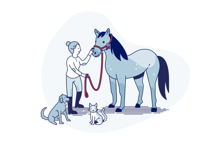 An illustrated person together with a horse, dog and cat